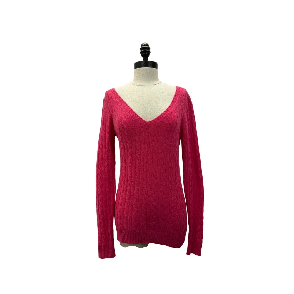 Aqua Cashmere‎ Sweater Women S Pink Excellent Cable Knit V-Neck Long Sleeve